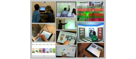 Mosaico de fotografías que muestran a usuarios con autismo utilizar apps en diferentes tipos de dispositivos móviles